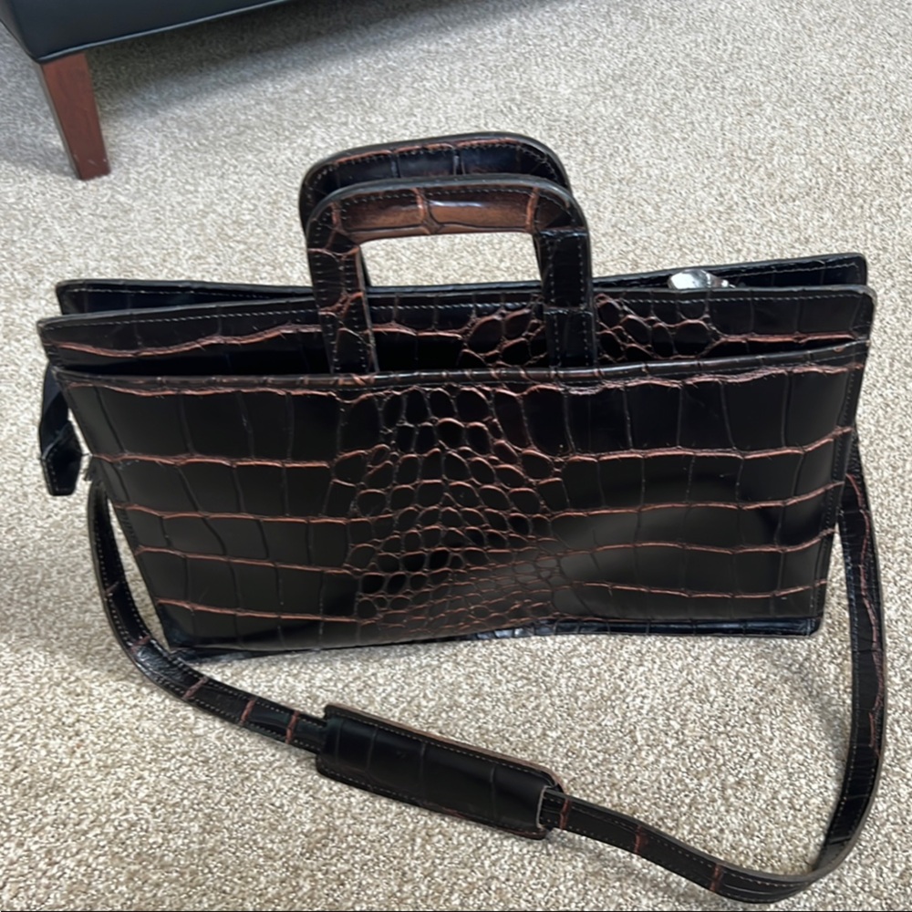 Elegant 1990’s Brown Leather Croc-Embossed Briefcase